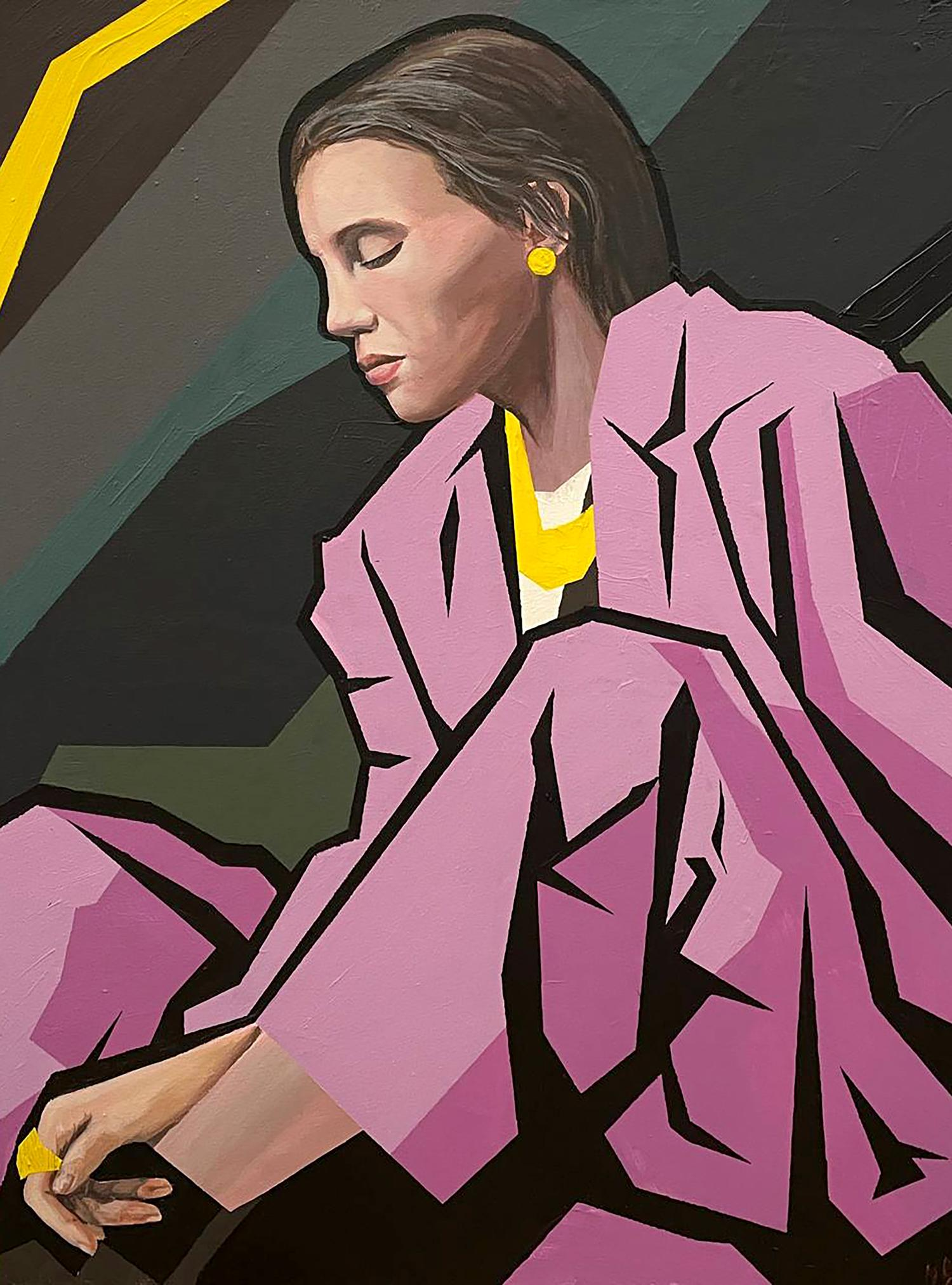 Stylized portrait by Maksym Newskulenko: woman in pink geometric jacket