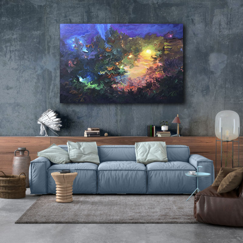 Vibrant abstract canvas painting with swirling blues above blue sofa in Abstract collection