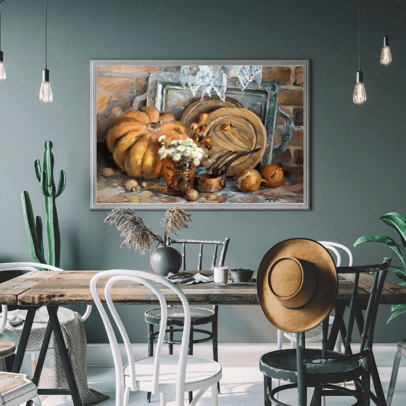 Framed oil painting of rustic still life with golden pumpkins in Still Life collection