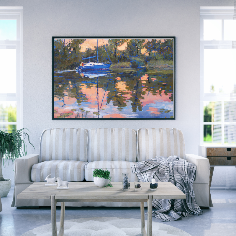 Framed painting of blue sailboat on sunset water in Framed Paintings