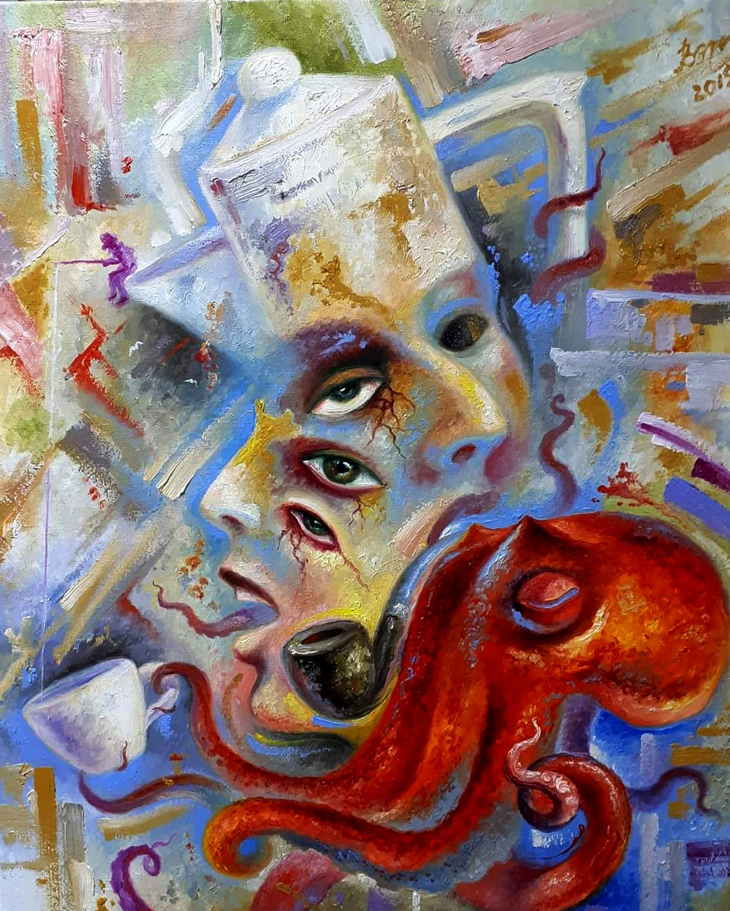Vibrant abstract painting by Sergiy Voichenko: surreal face, octopus in blue, yellow, red, orange