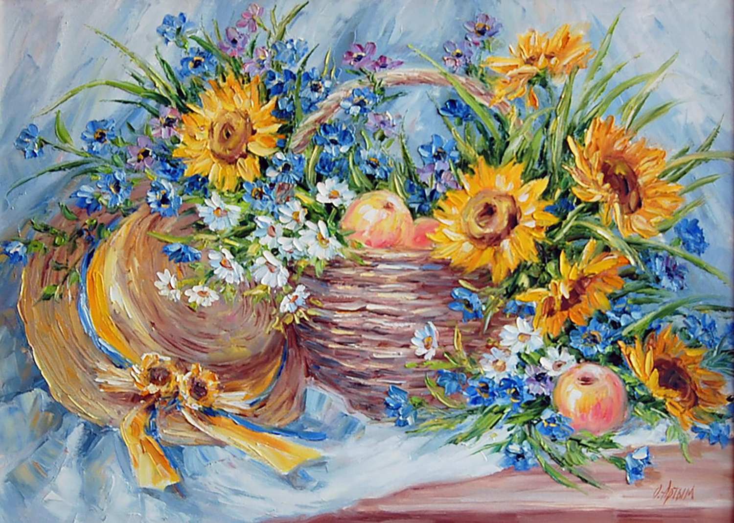Woven basket with yellow sunflowers, blue wildflowers, white daisies, pink apples by Olga & Dmitry Artim