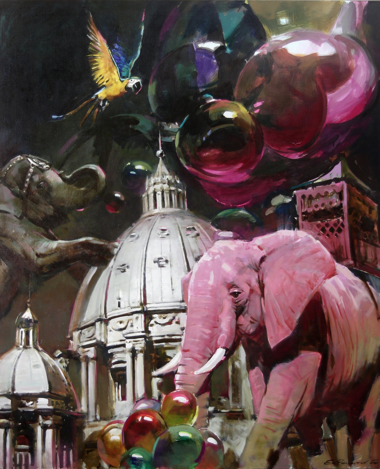 Pink elephant sculpture by Ed Potapenkov in surreal urban scene