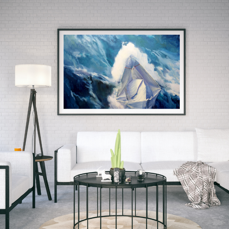 Framed sailboat painting battling turbulent blue waves in Landscape collection