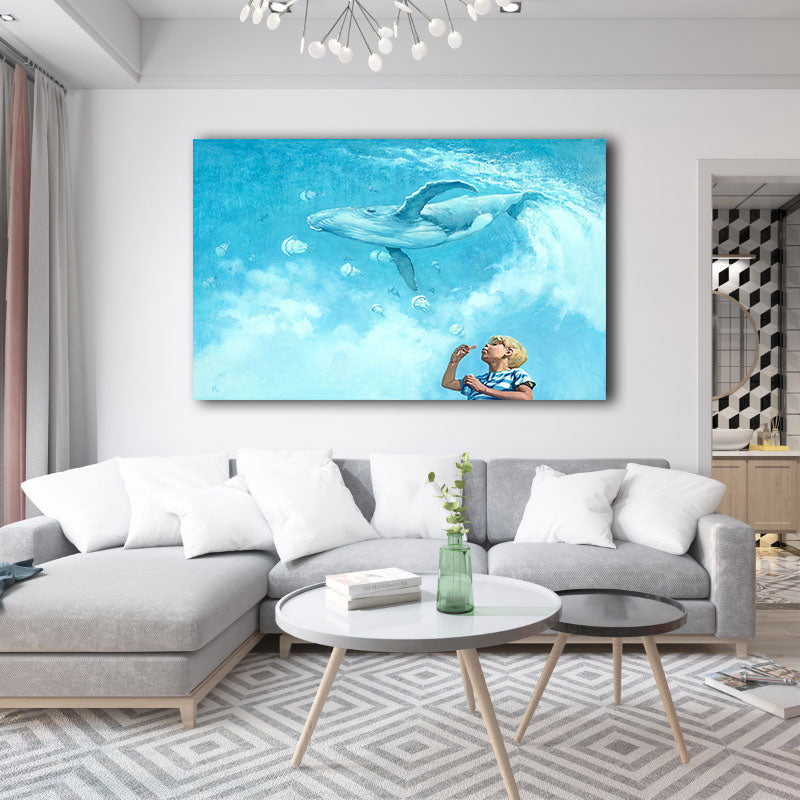 Vibrant blue painting of child blowing bubbles swimming with whale, Portraits & Genre