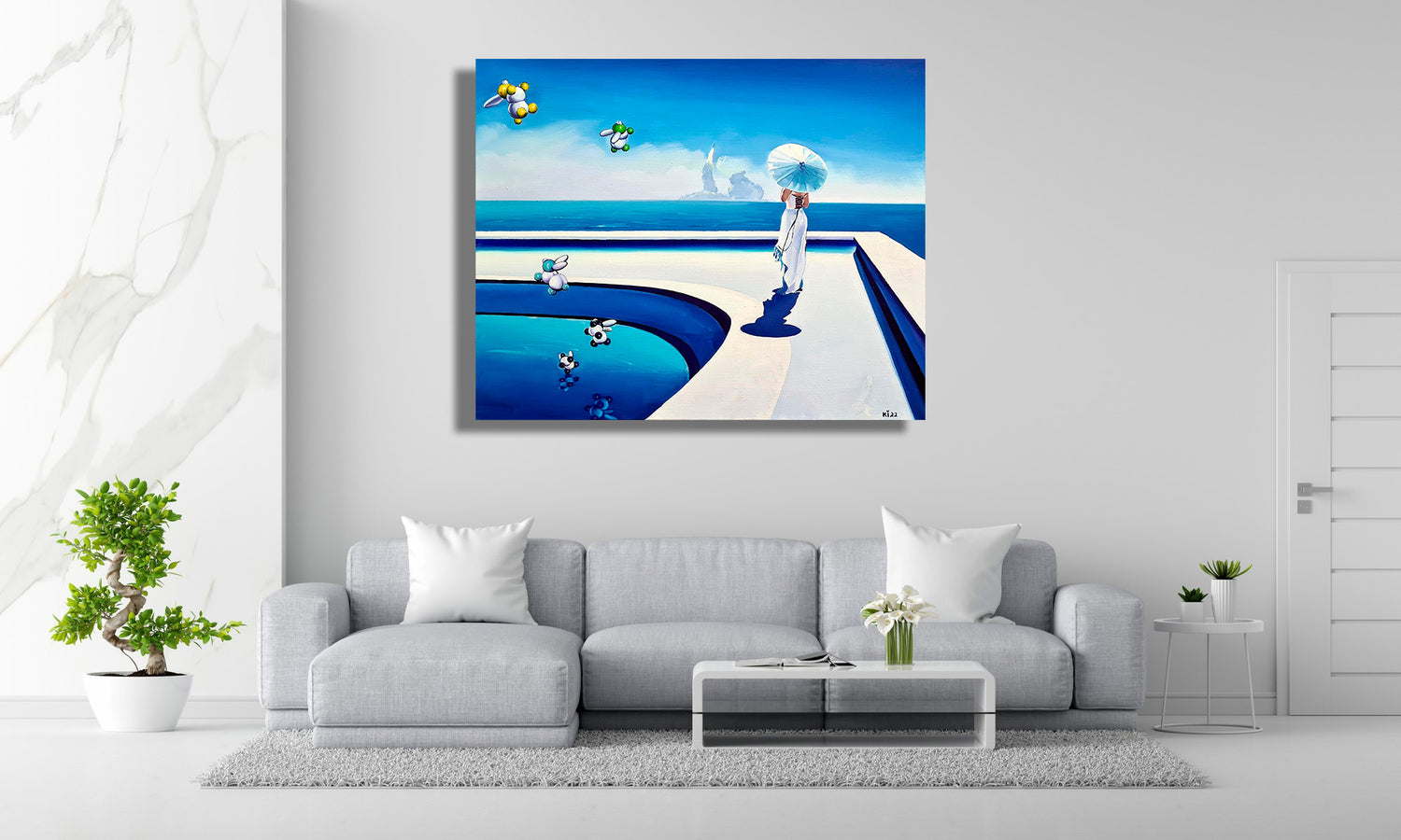 Vibrant blue and white abstract surreal beach painting in Contemporary Art