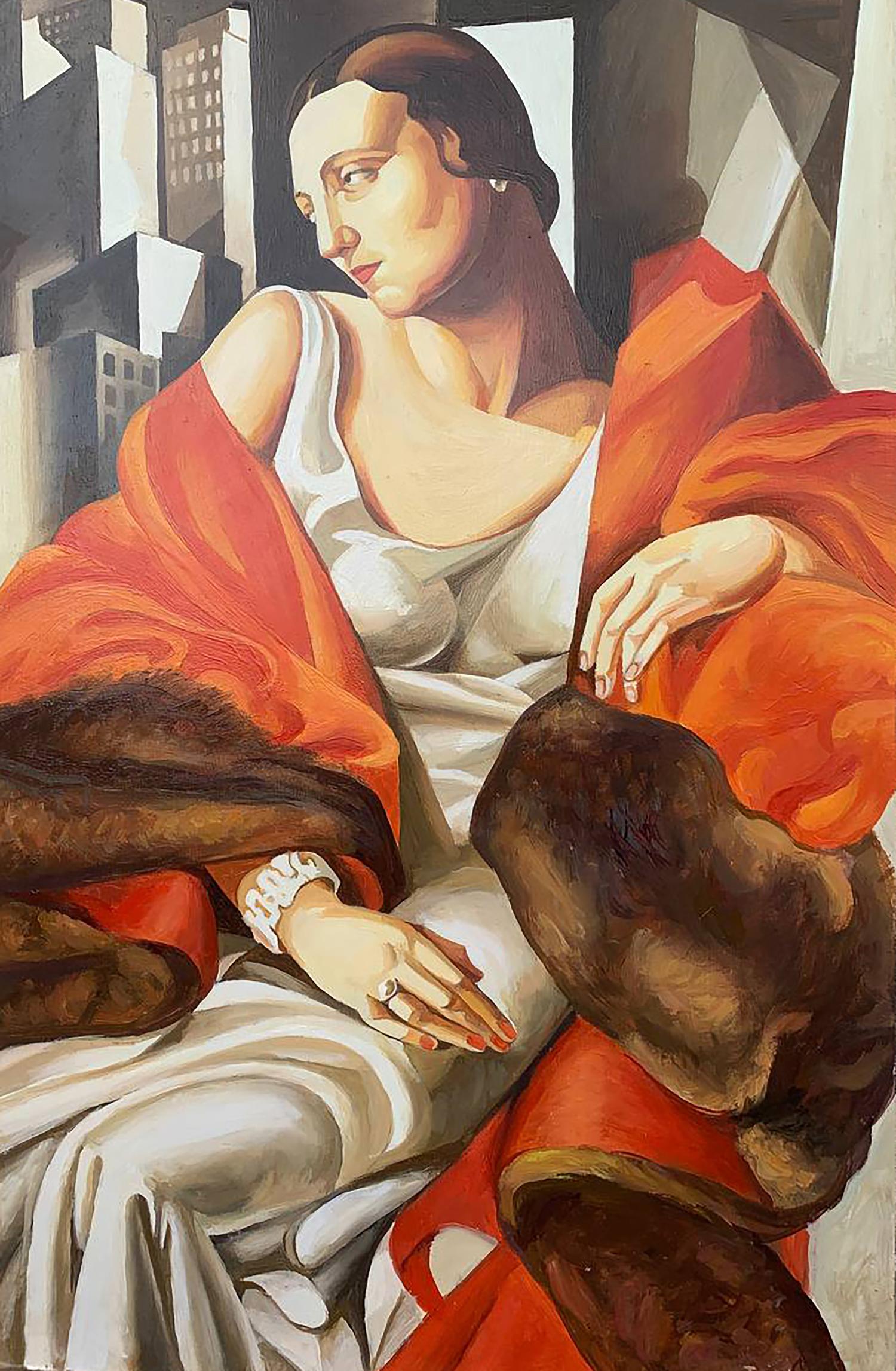 Woman in white dress with orange fabric and fur by Victor Konotopsky