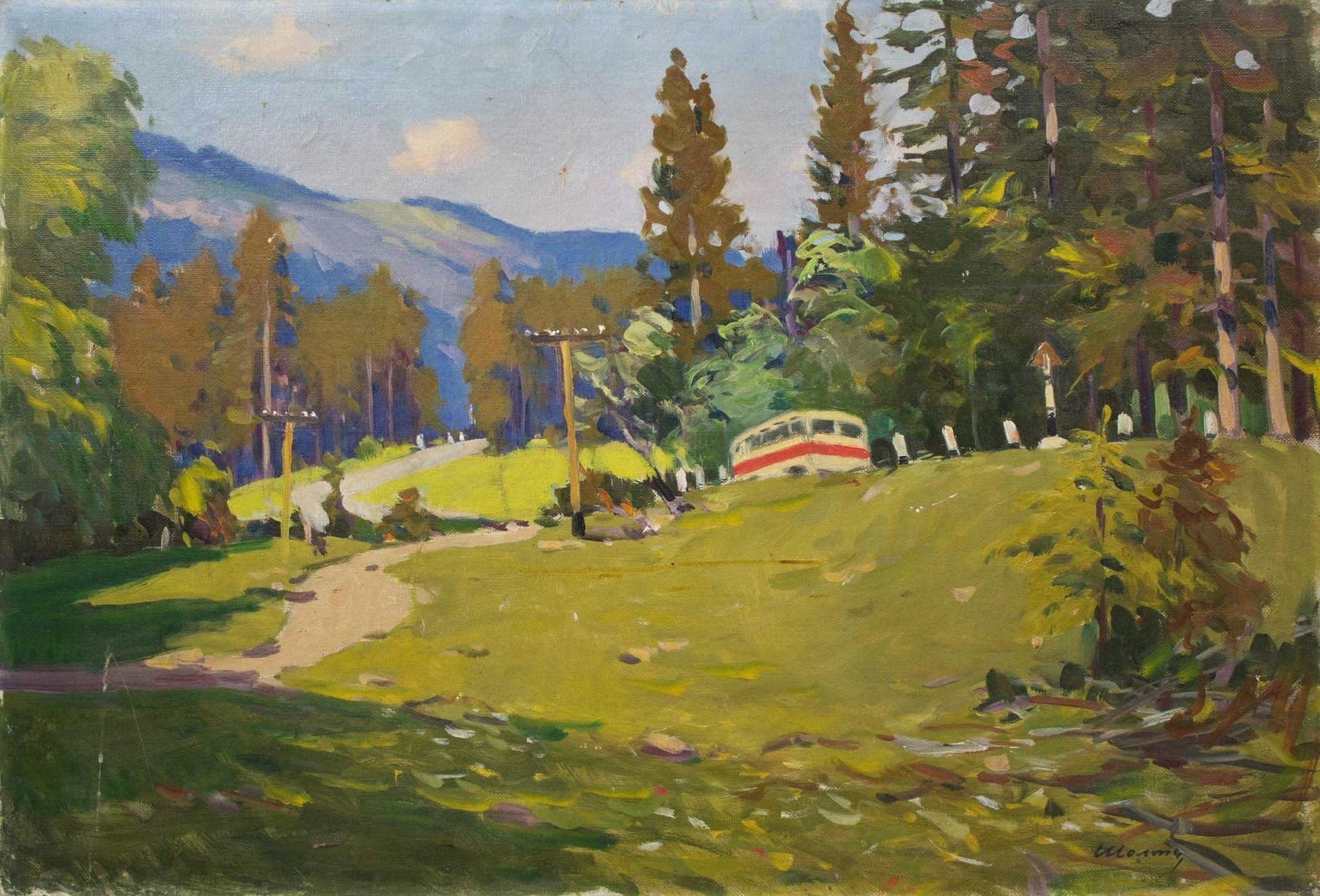 Collectible Stepan Sholtes oil painting of striped cable car amid trees on hillside