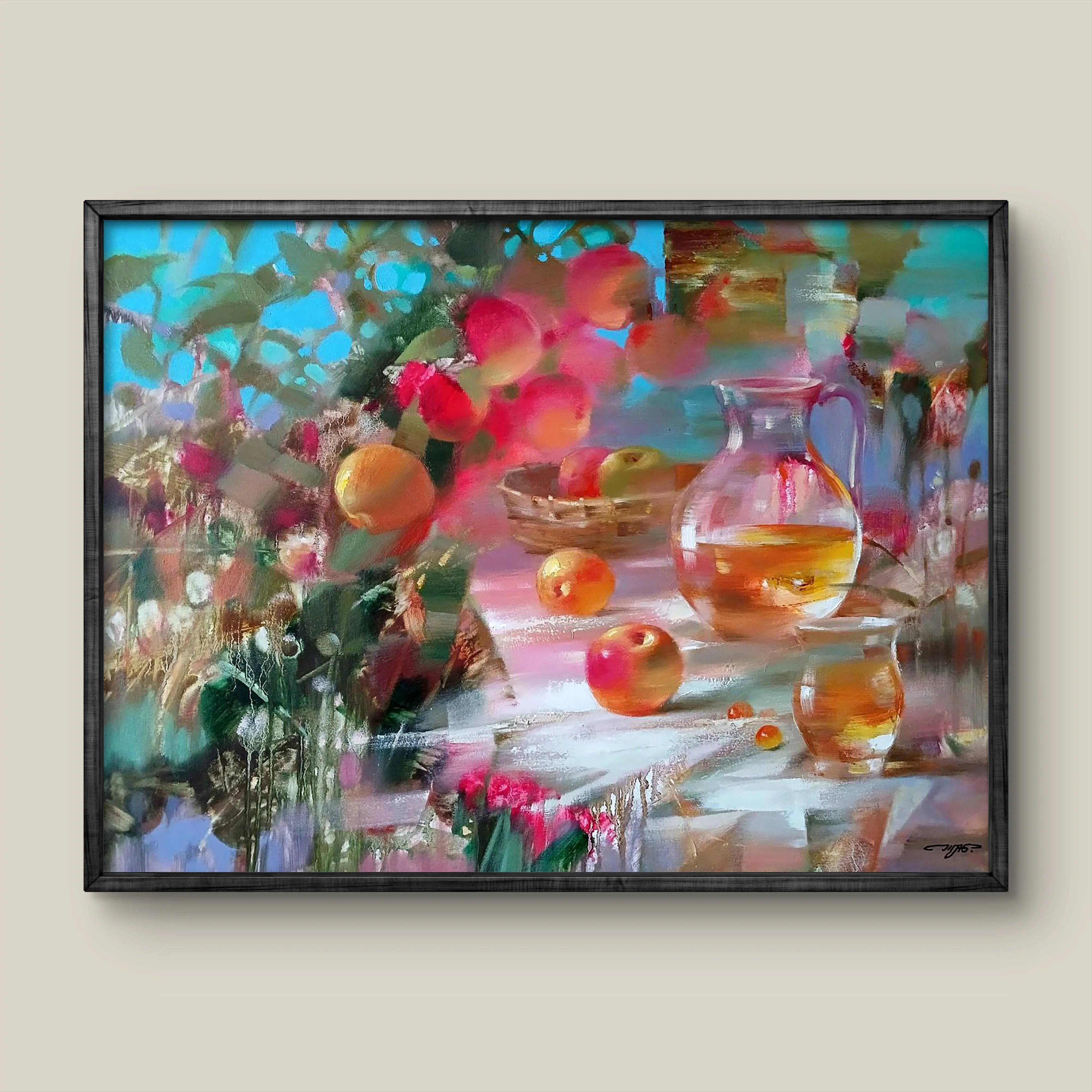 Vibrant Apple Spas abstract oil painting by Anatoly Tarabanov in black frame