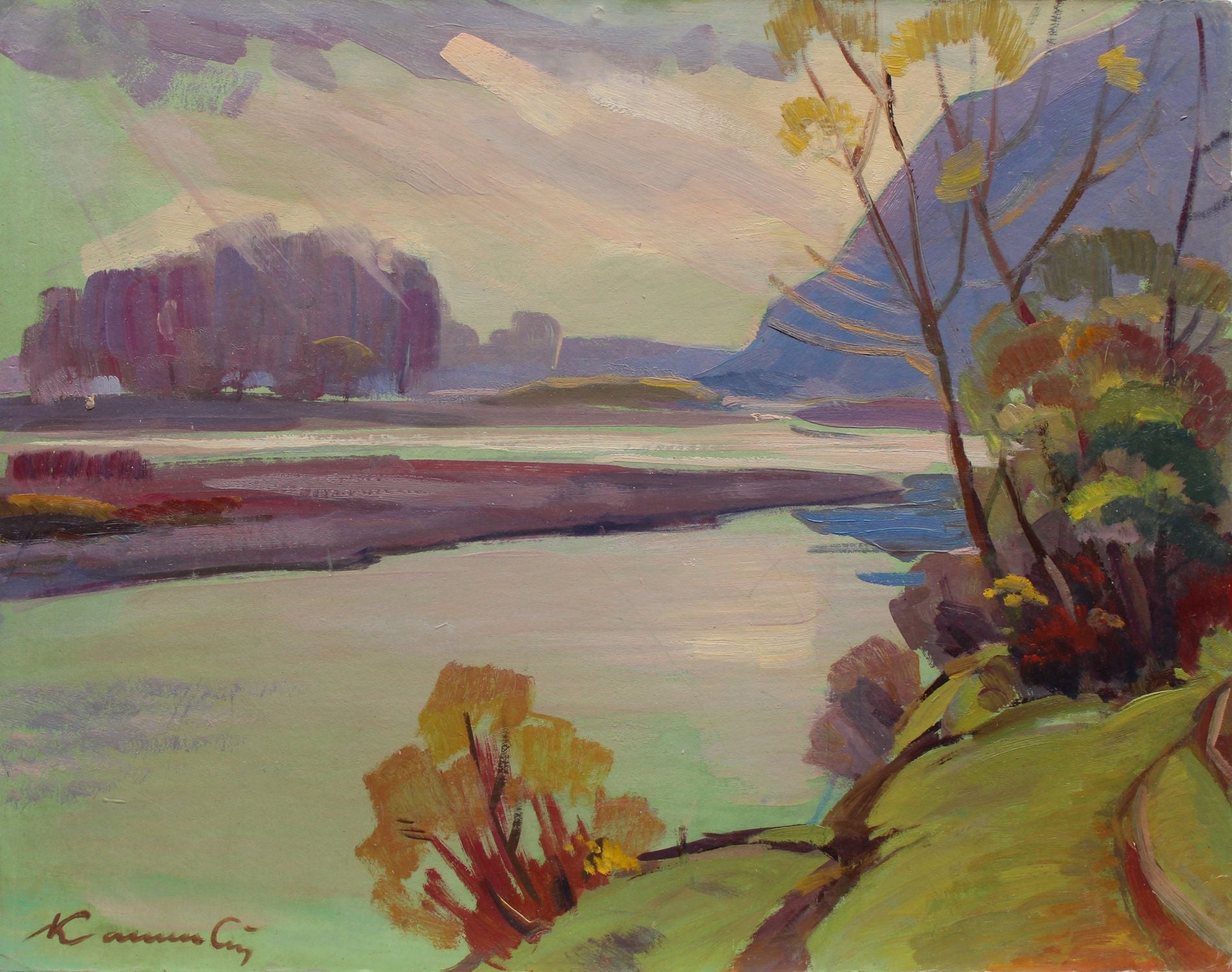 Vibrant Transcarpathian impressionist landscape by Anton Kashskai with river and autumn trees