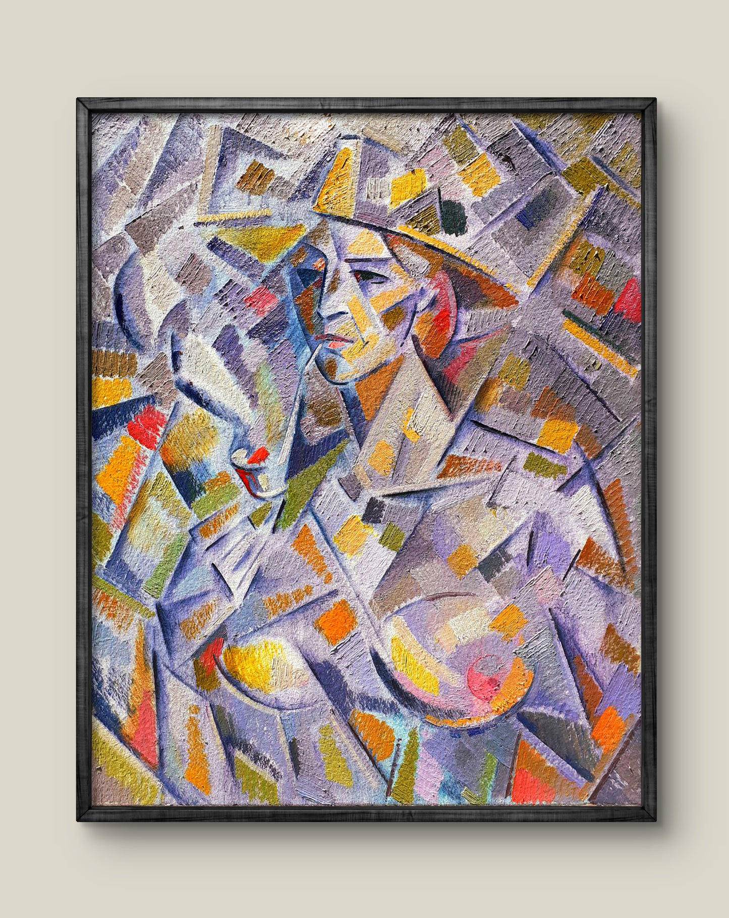 Abstract cubist oil portrait of Henriette by Peter Dobrev in black frame