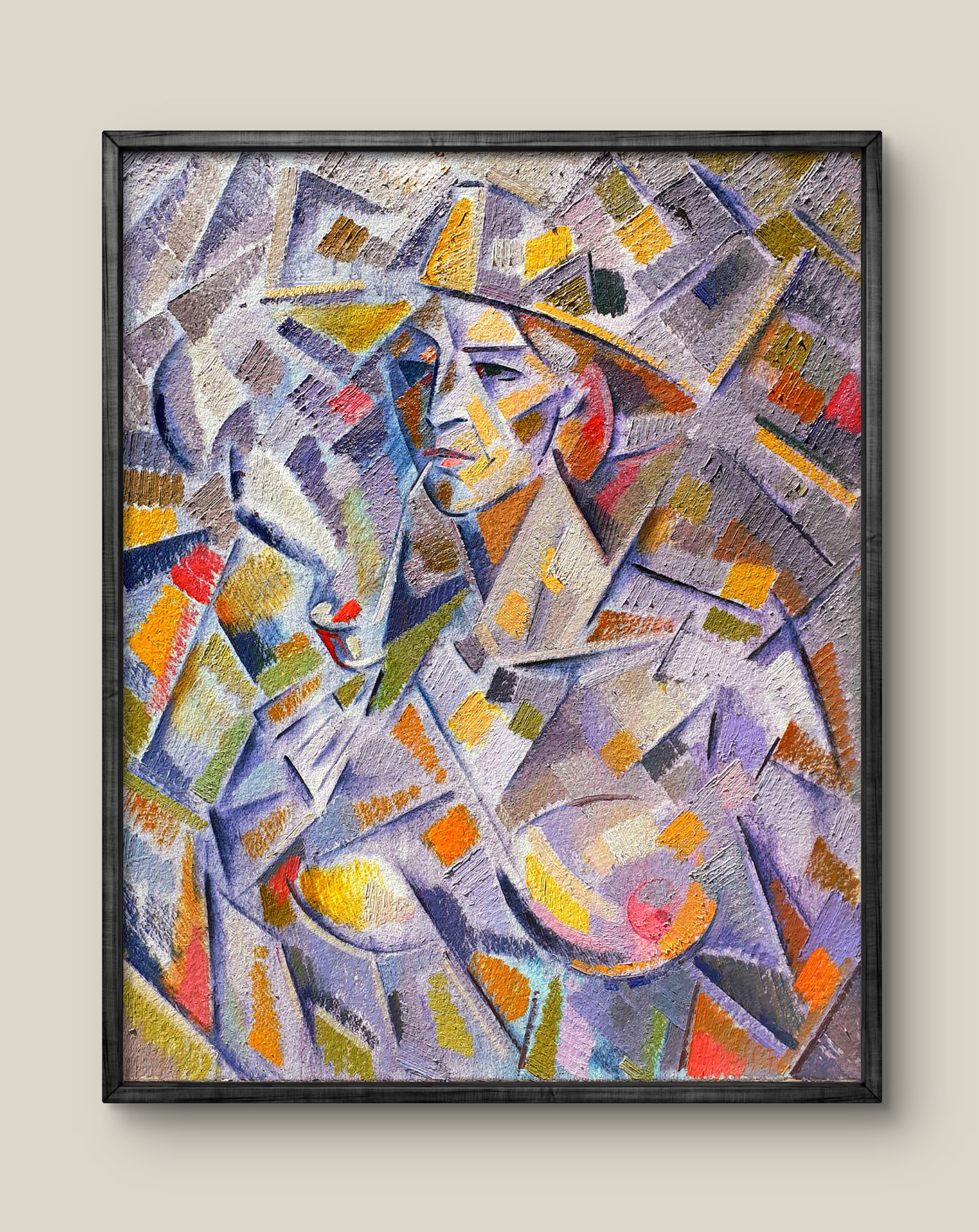 Abstract cubist oil portrait of Henriette by Peter Dobrev in black frame