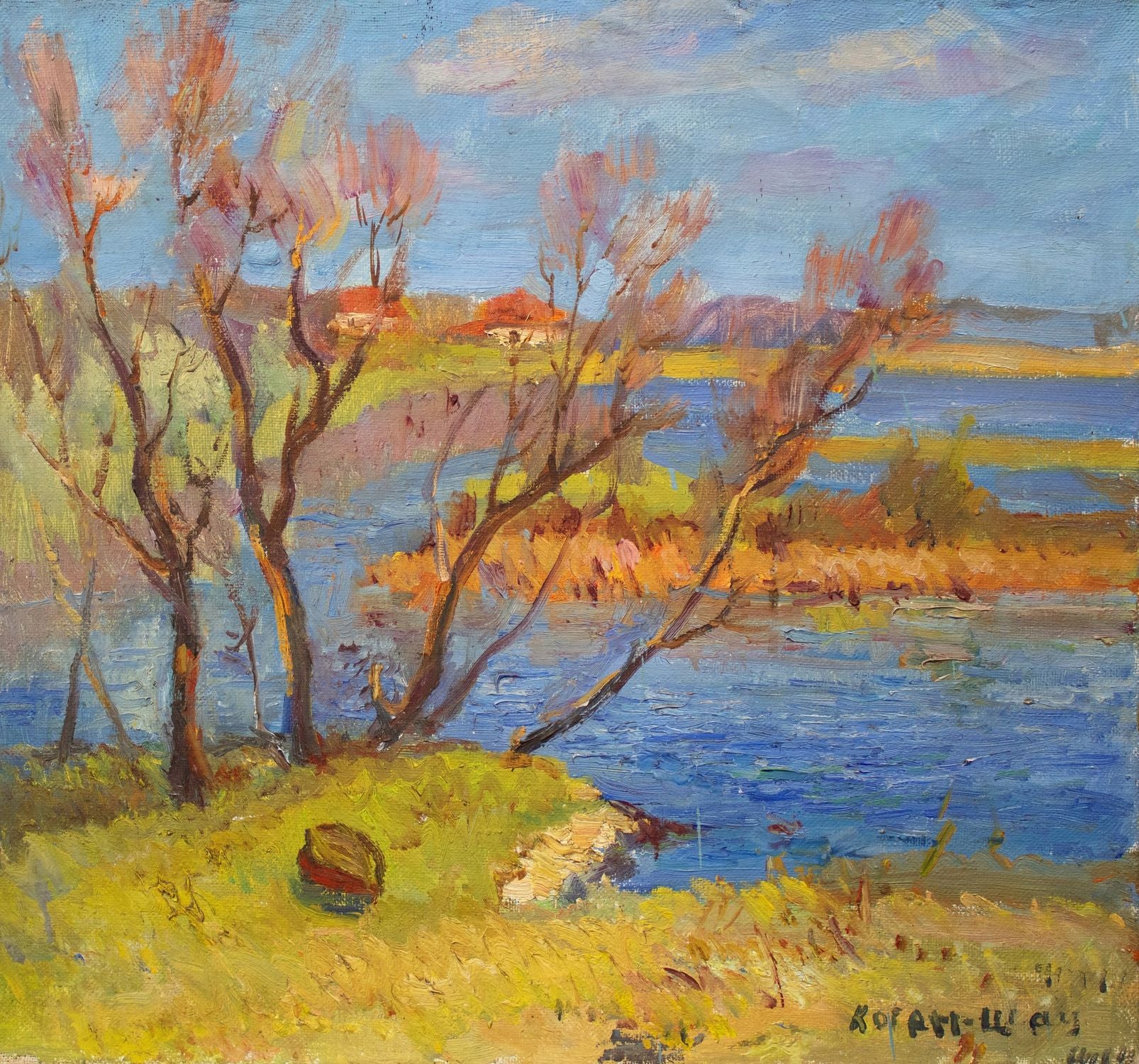 Authentic Pavlo Volokydin oil painting of rowboat by calm blue lake