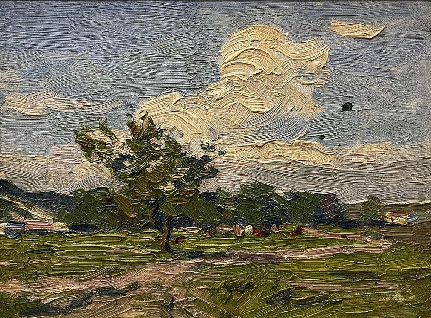 Oil painting of windswept tree and white clouds by Yury Konovalov