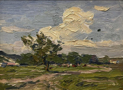 Oil painting of windswept tree and white clouds by Yury Konovalov