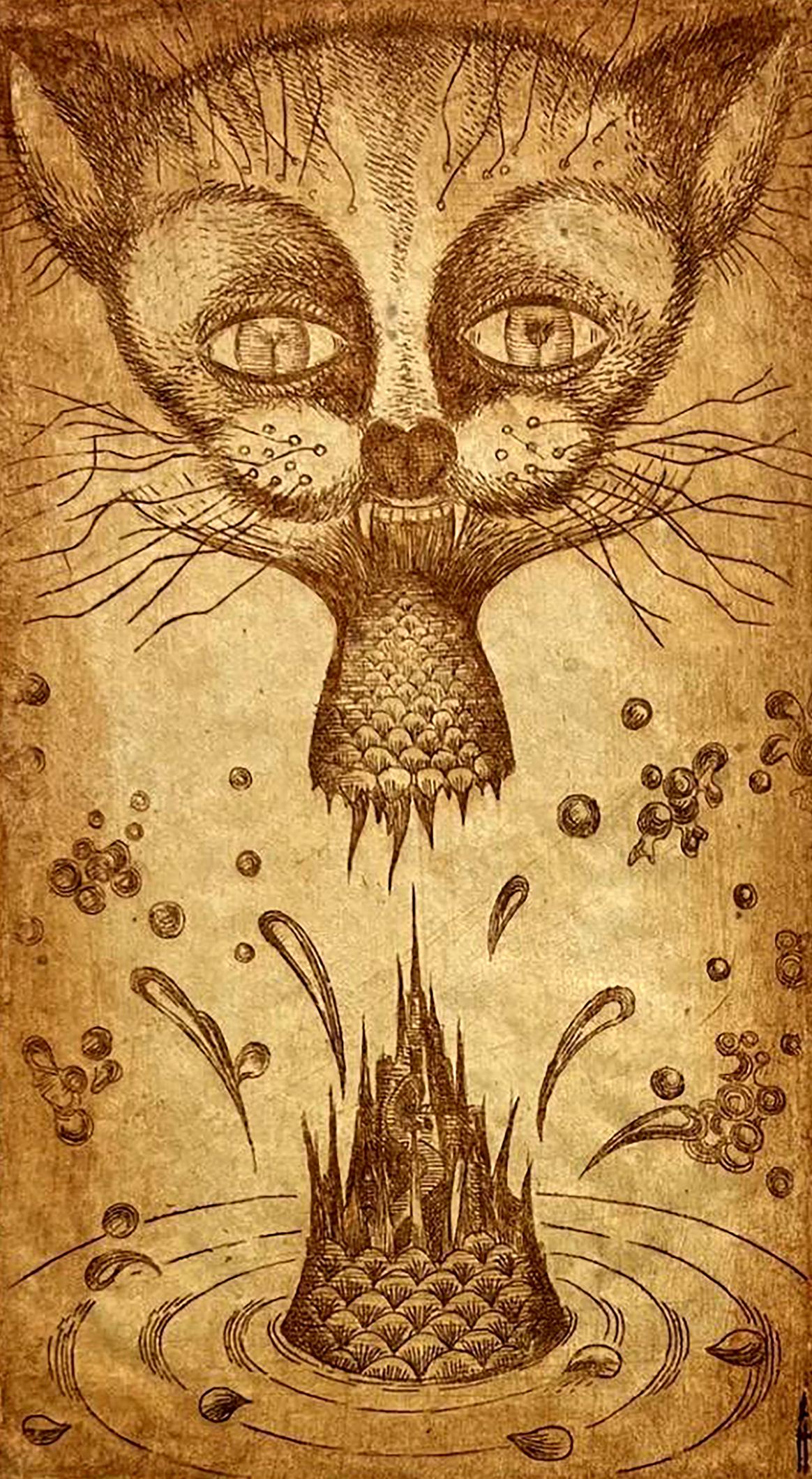 Sepia etching of cat face with fish mouth by Island Oleksandr Zhmailo