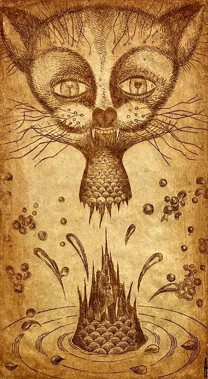 Sepia etching of cat face with fish mouth by Island Oleksandr Zhmailo