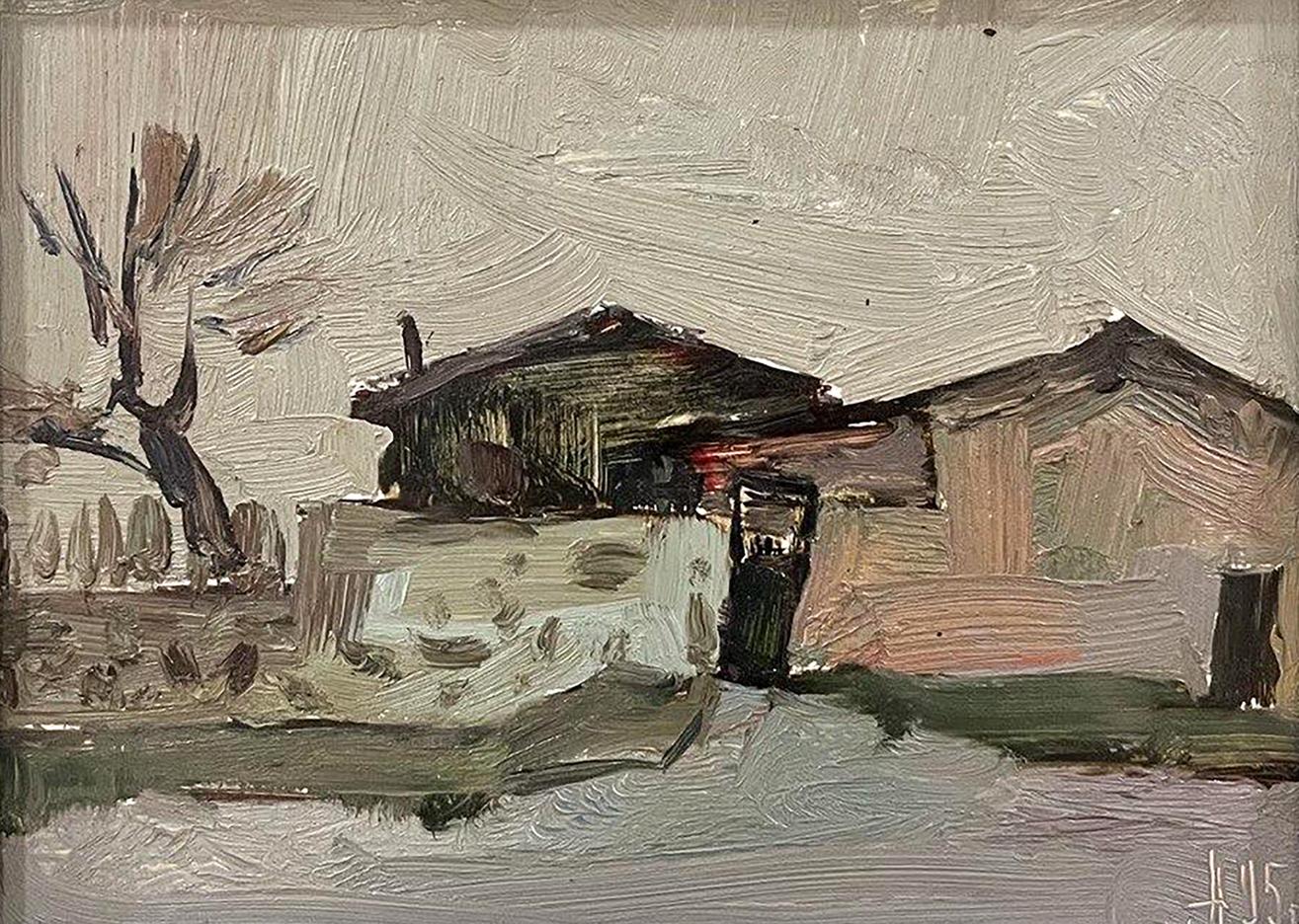 Textured impressionistic oil painting of Oleksandr Andreev city pier village scene