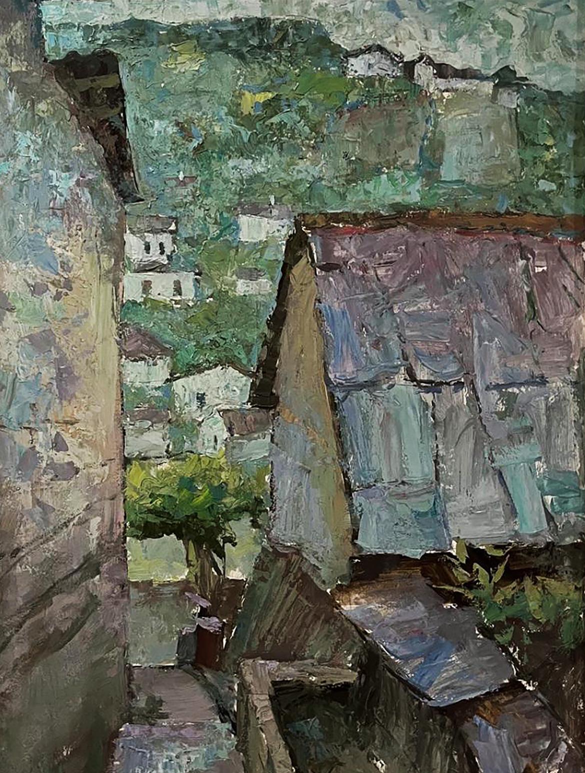 Oil painting Roofs of houses by Oleksandr Andreev village in green hills