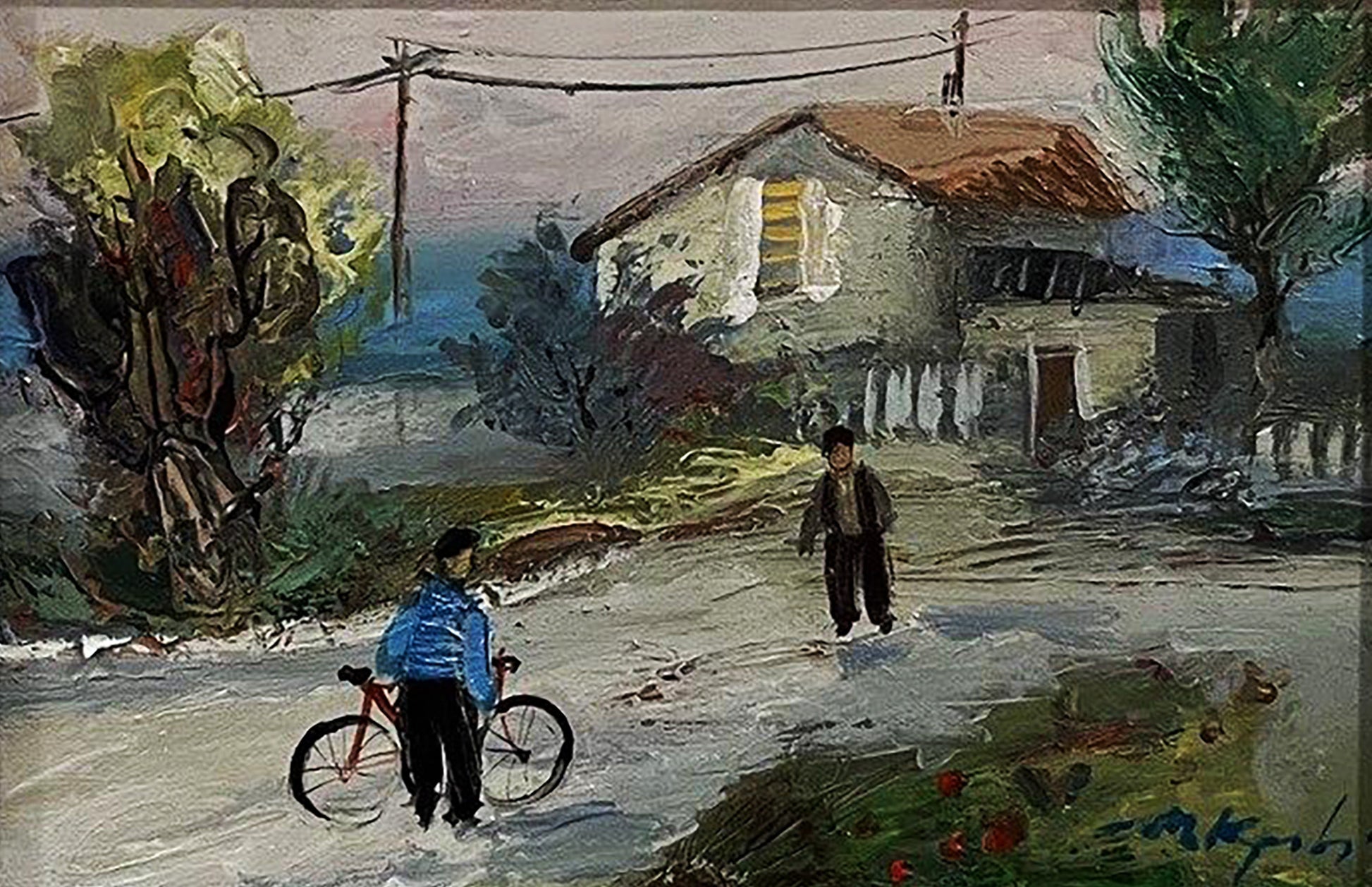 Rustic oil painting by Dmytro Kravtsov: weathered house with orange roof
