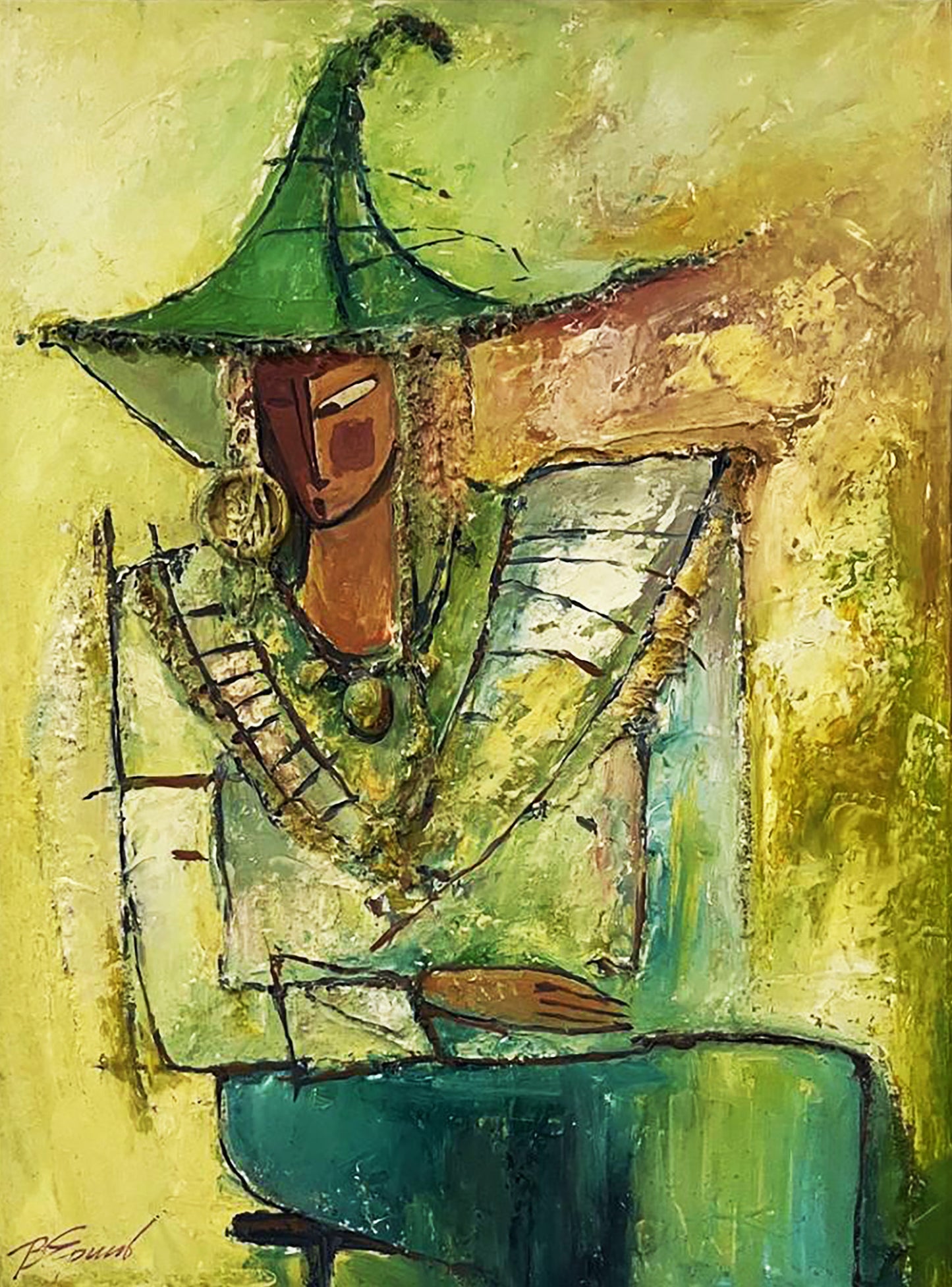 Oil painting Autumn Sadness by Victor Yershov with green hat figure