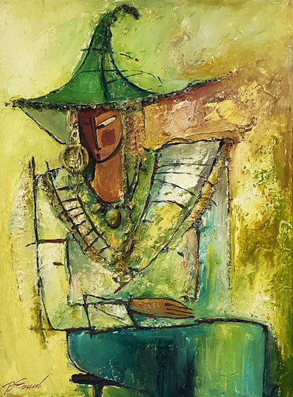 Oil painting Autumn Sadness by Victor Yershov with green hat figure