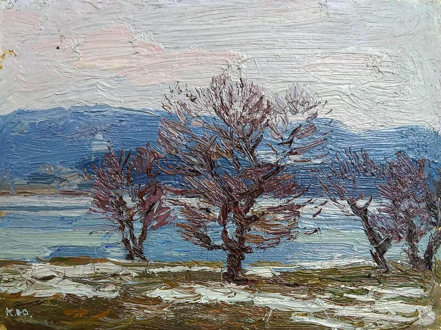 Oil painting The snow is melting by Yury Konovalov: bare trees, blue mountains
