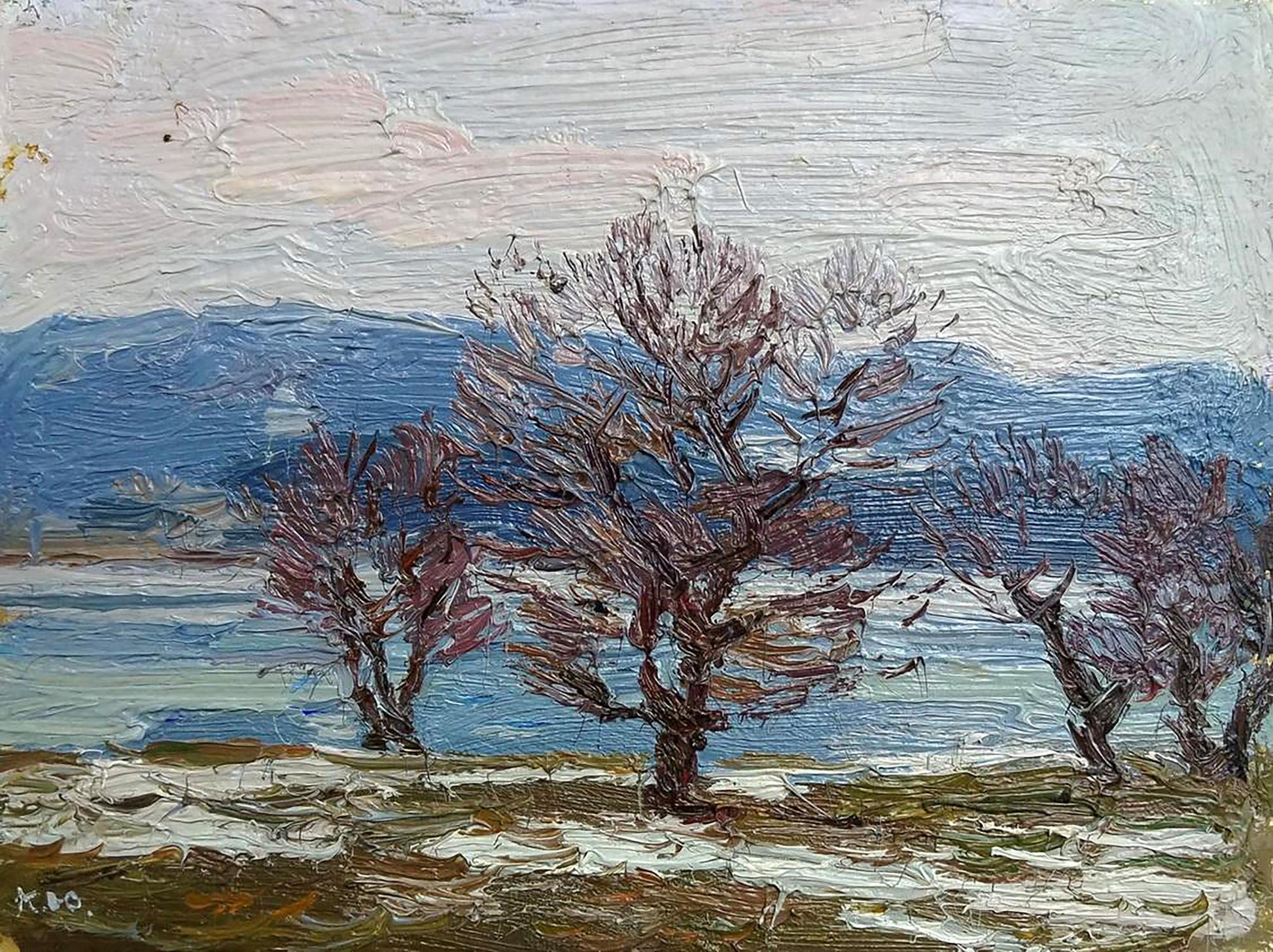 Oil painting The snow is melting by Yury Konovalov: bare trees, blue mountains