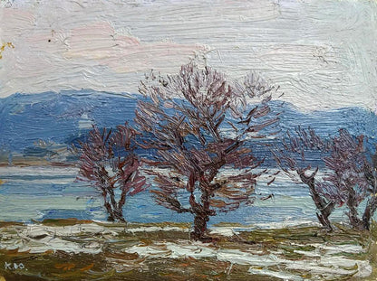 Oil painting The snow is melting by Yury Konovalov: bare trees, blue mountains