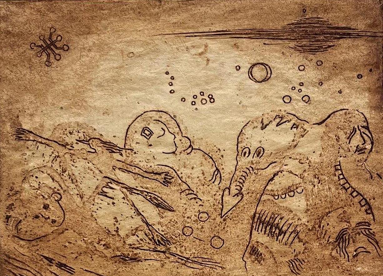 Sepia etching of Night underwater creatures by Oleksandr Zhmailo on parchment