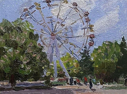Oil painting of tall light blue Ferris wheel by Yury Konovalov