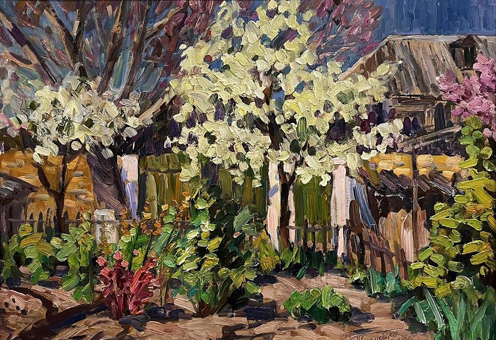 Oil painting of wild pear blossoms in yard by Petro Kolomoytsev