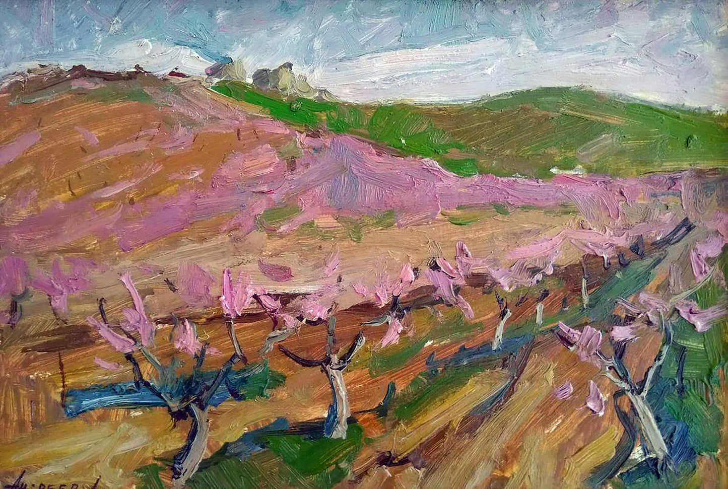 Oil painting Flowering garden by Oleksandr Andreev: pink blossoming trees landscape