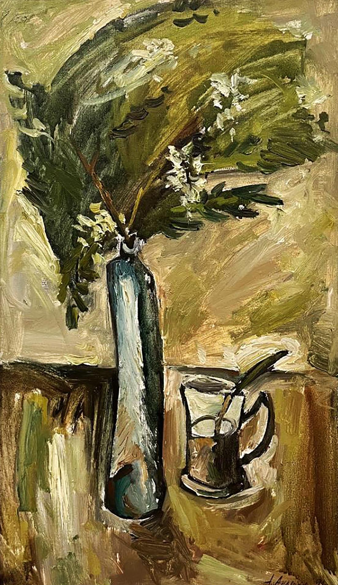 Oil painting of still life with acacia branch, blue-green vase, white flowers