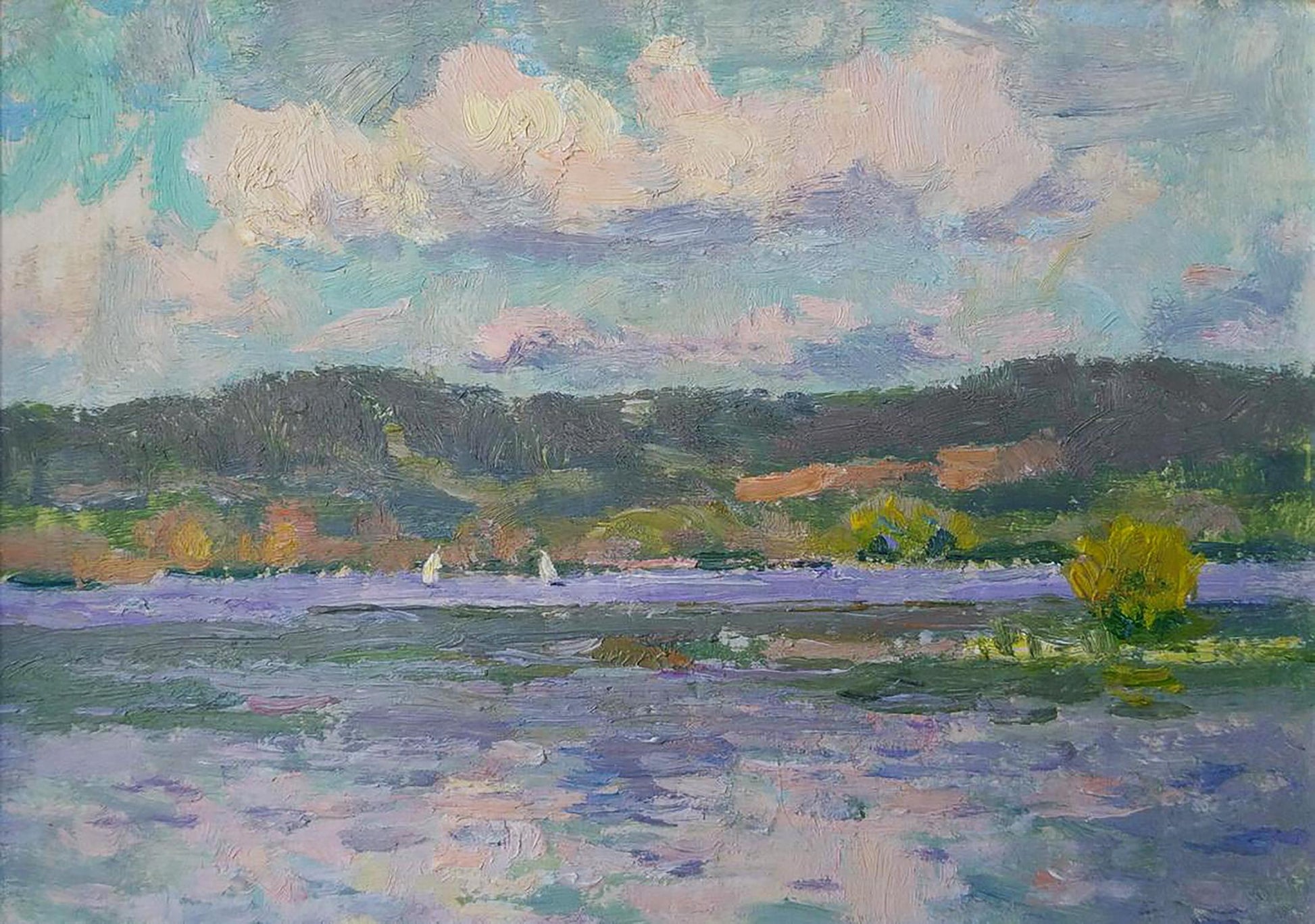 Serene impressionist oil painting of Reservoir by Yury Konovalov