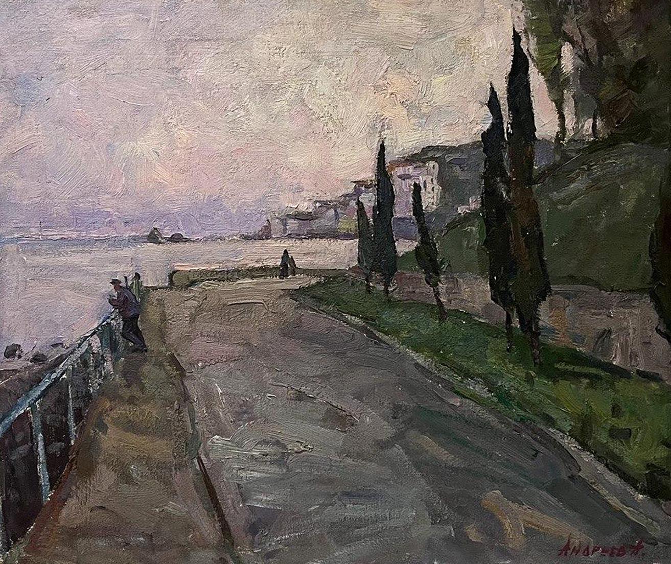 Oil painting Embankment by Oleksandr Andreev: impressionistic coastal promenade