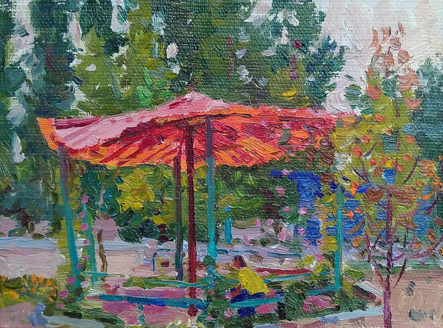 Vibrant impressionistic oil painting of gazebo by Yury Konovalov