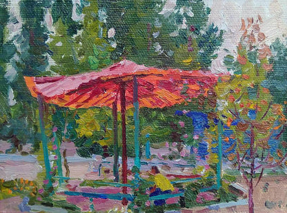 Vibrant impressionistic oil painting of gazebo by Yury Konovalov