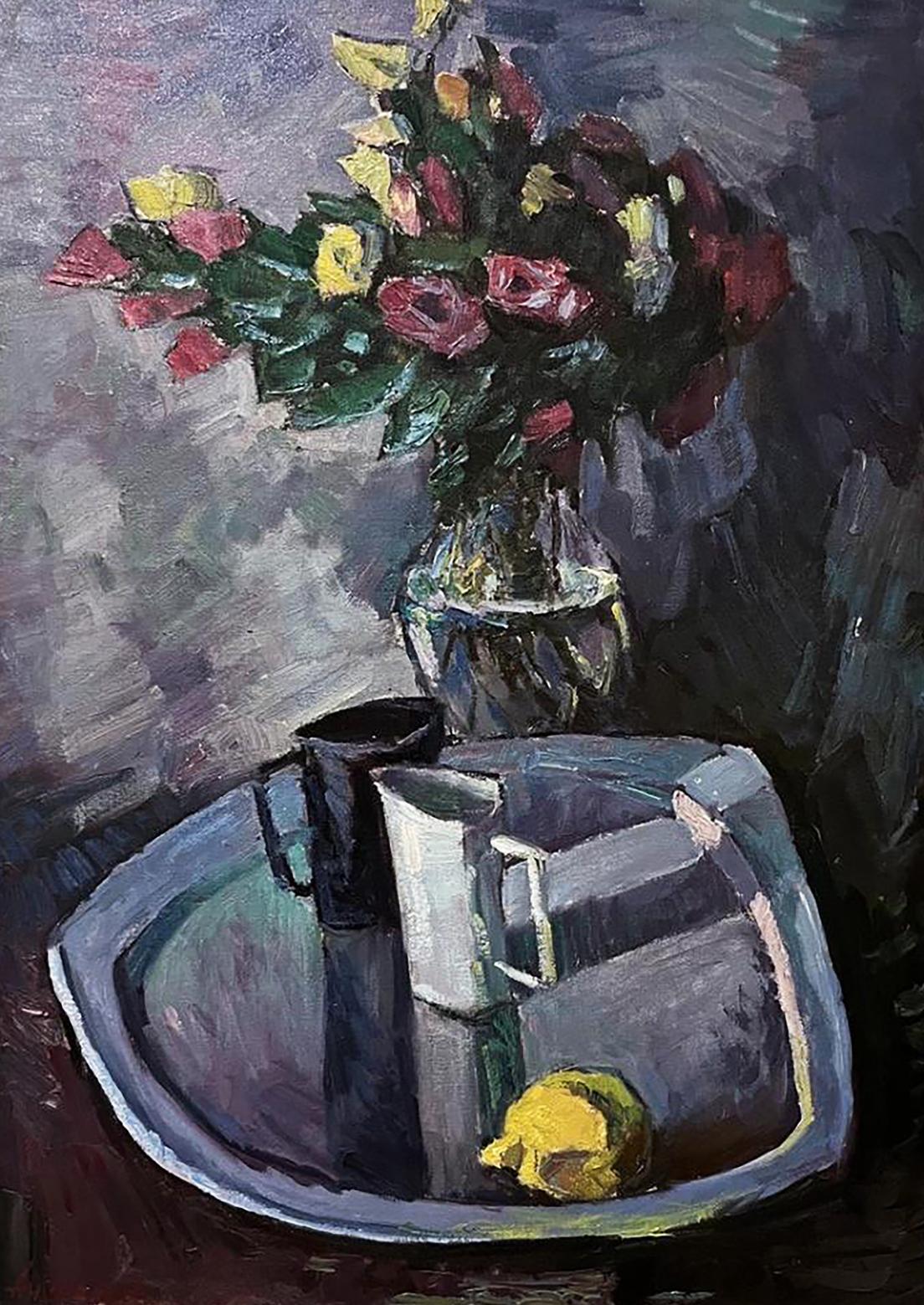 Oil painting of vibrant pink yellow roses and lemon by Oleksandr Andreev