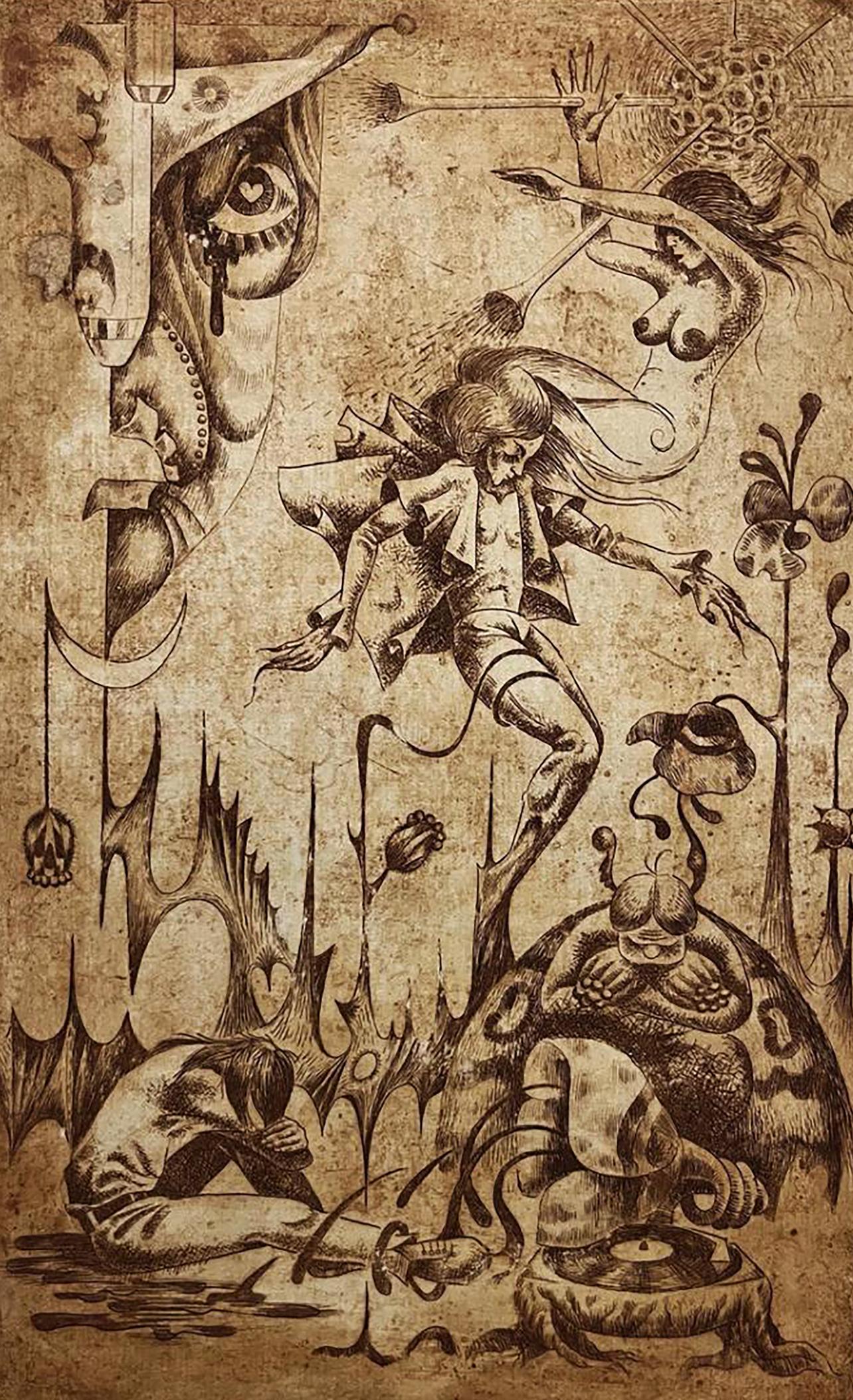 Sepia-toned etching Falling into the sky by Oleksandr Zhmailo