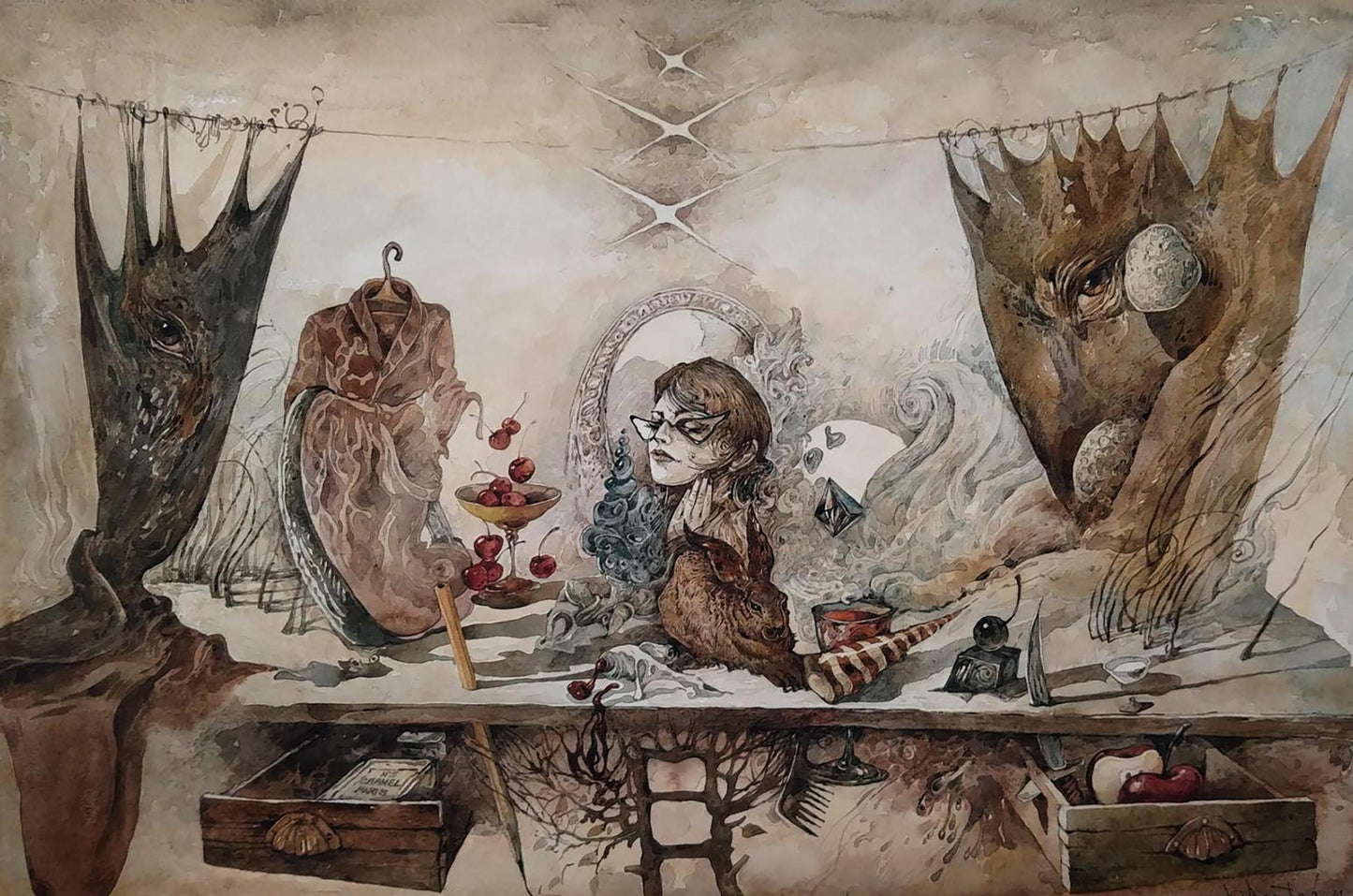 Sepia-toned girl with glasses at table with Dürer’s Rabbit by Yuriy Laptev