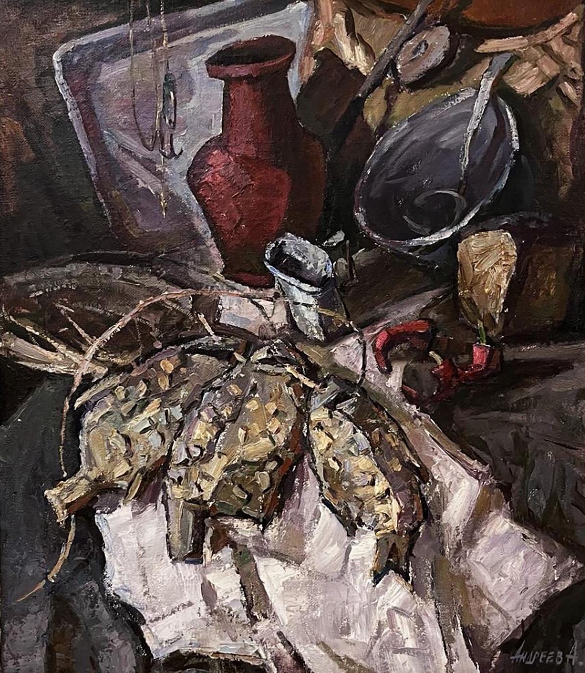 Textured reddish-brown ceramic vase with flared rim in Oleksandr Andreev still life