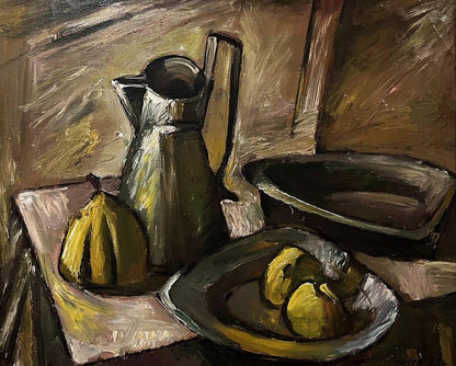 Oil painting of silver-green metallic pitcher in still life with quince by Oleksandr Andreev
