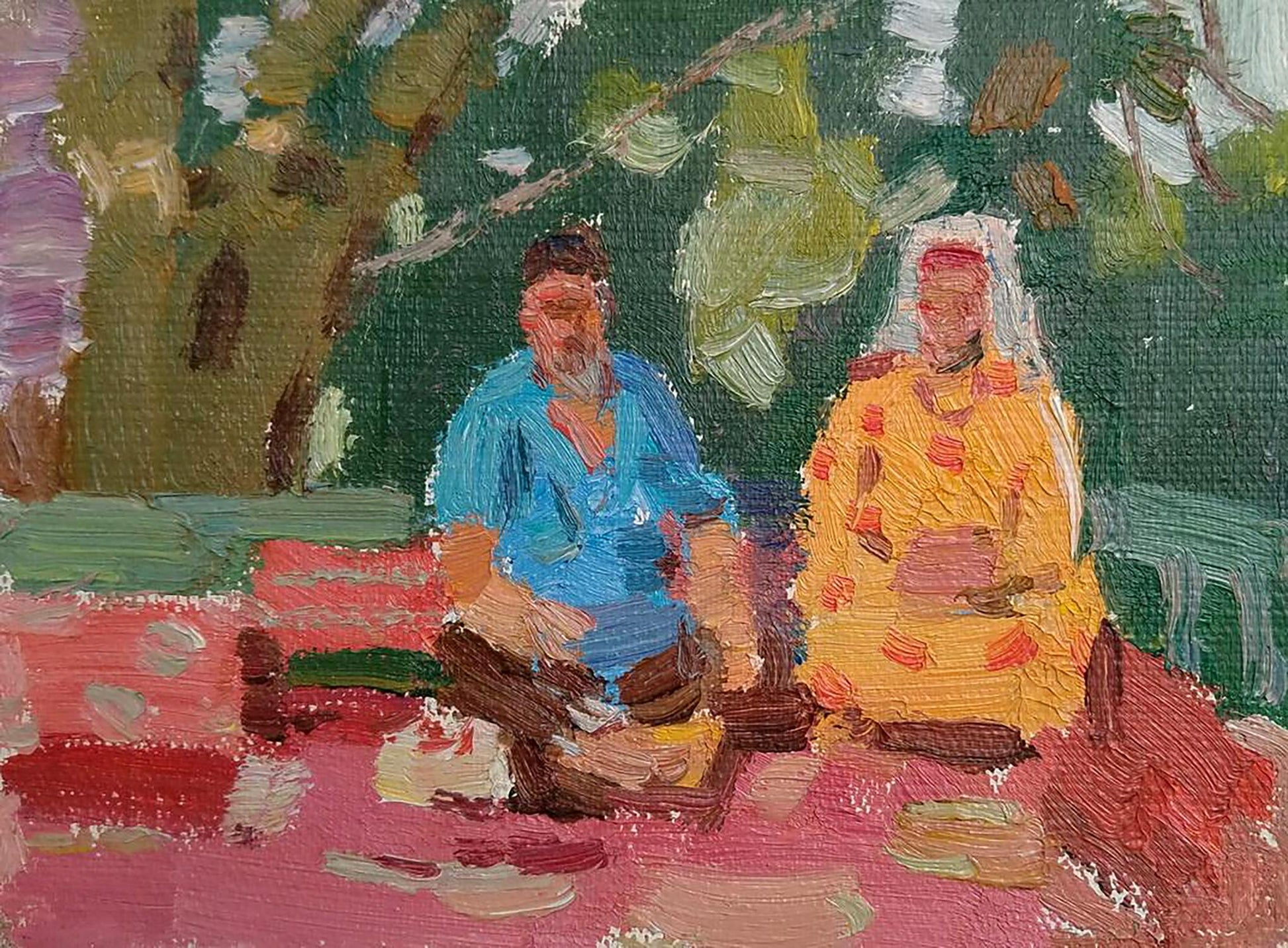 Vibrant oil painting Tea party by Yury Konovalov: two figures outdoors