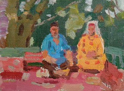 Vibrant oil painting Tea party by Yury Konovalov: two figures outdoors