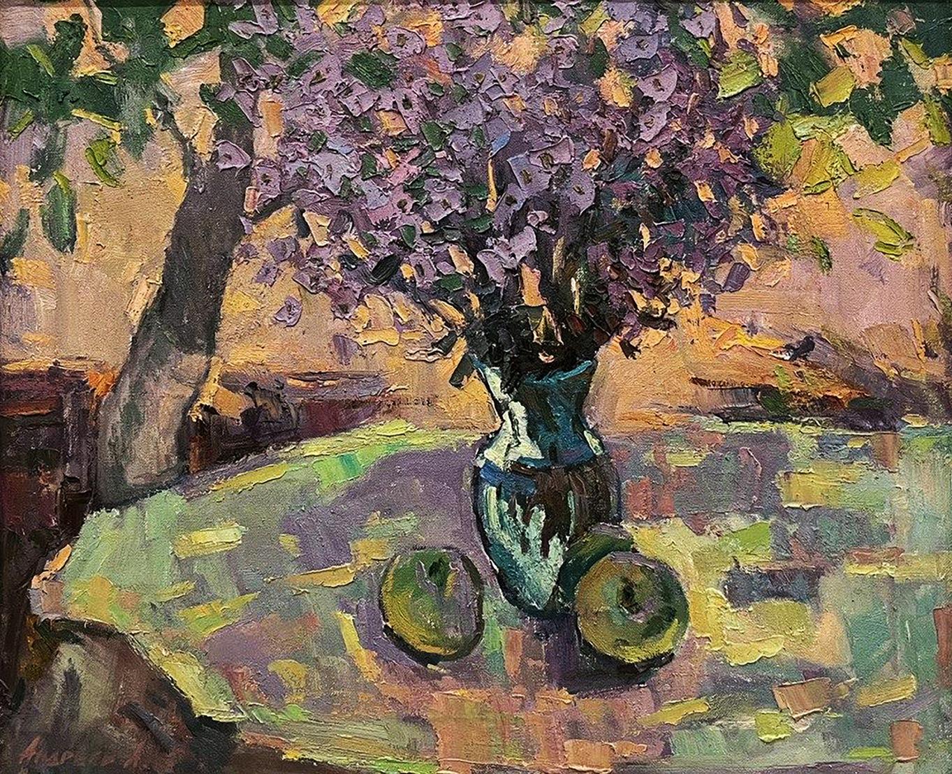 Oil painting of teal vase with lush purple blossoms by Oleksandr Andreev