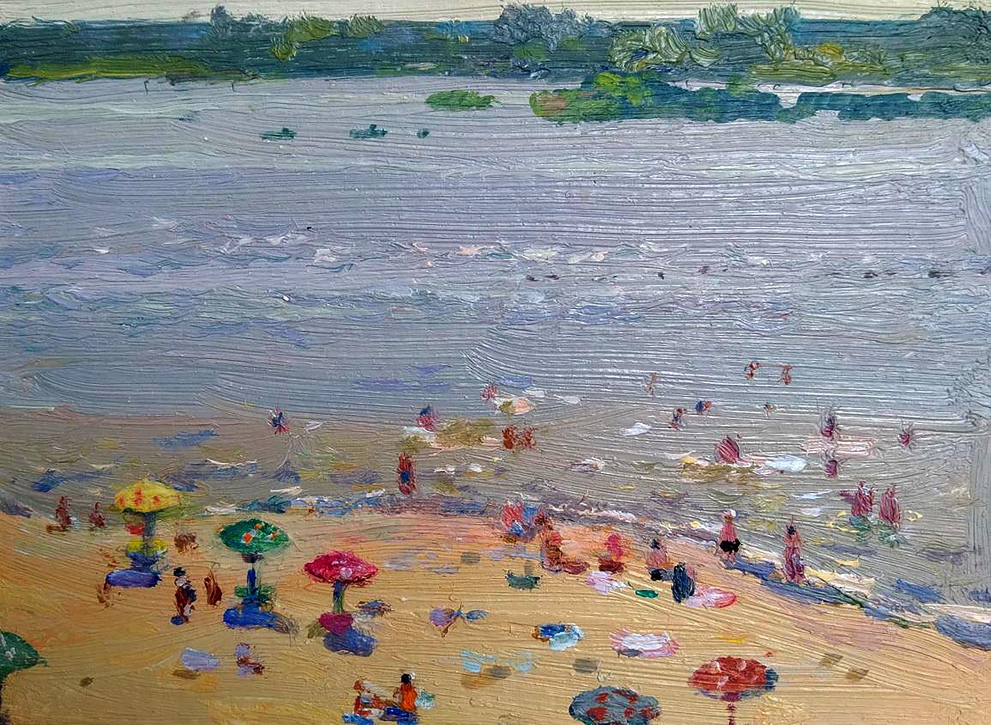 Vibrant impressionistic oil painting of bustling city beach by Yury Konovalov