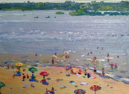 Vibrant impressionistic oil painting of bustling city beach by Yury Konovalov