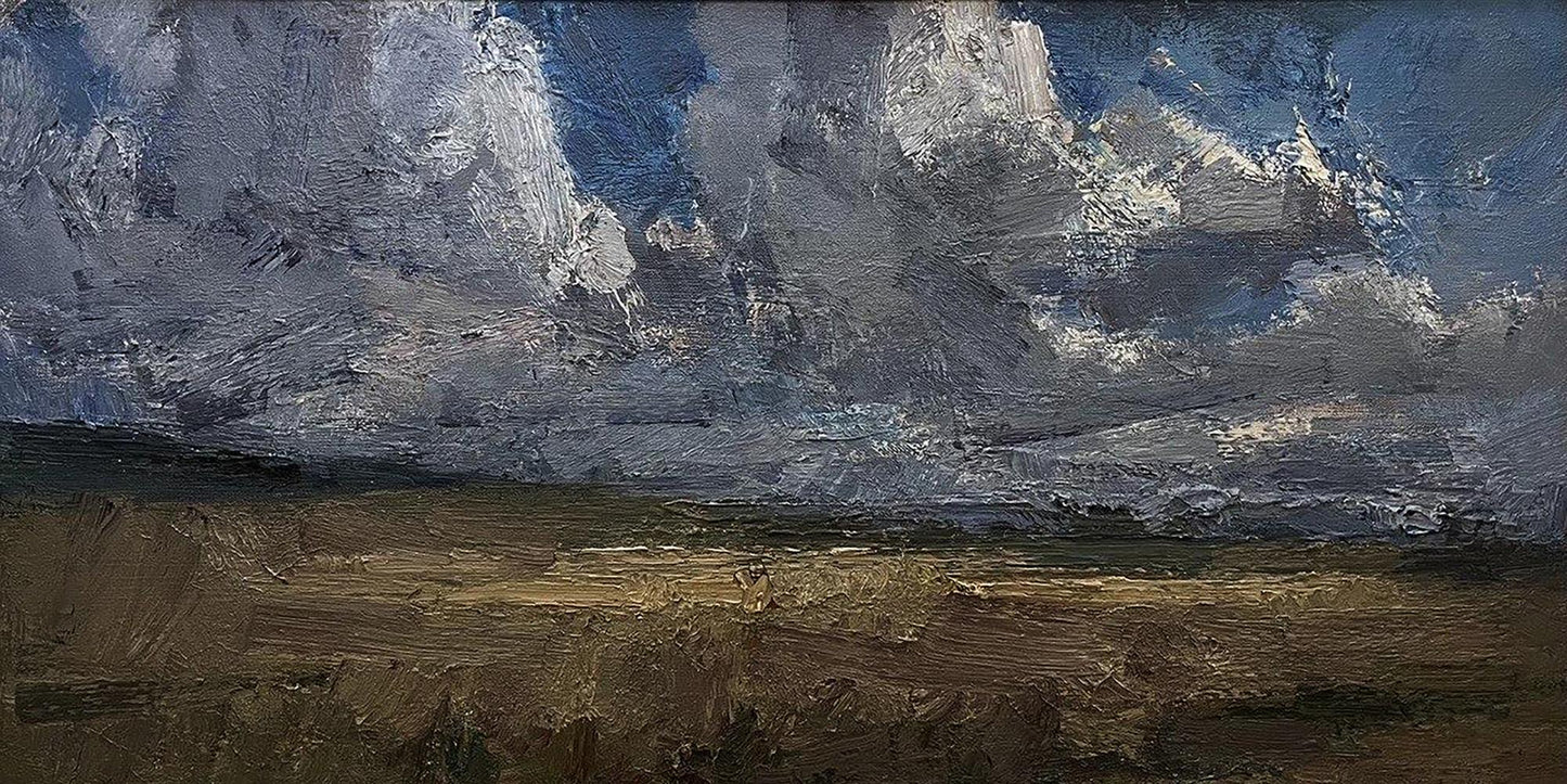 Oil painting Clouds over the field by Arsen Rustamov, dramatic gray clouds