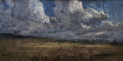 Oil painting Clouds over the field by Arsen Rustamov, dramatic gray clouds